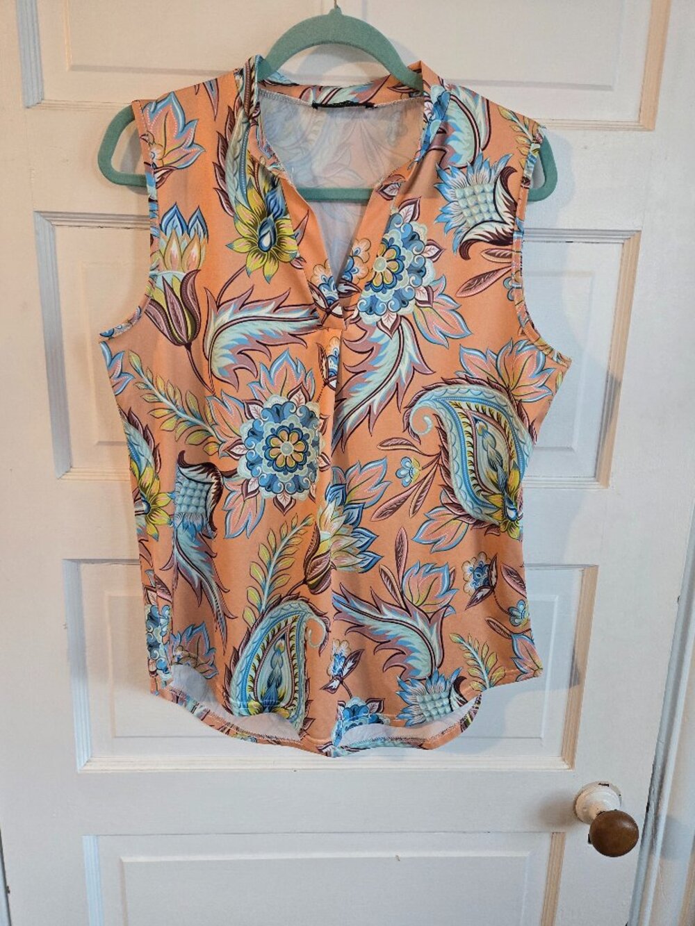 Loveu.Dear Peach Floral Paisley Sleeveless V-Neck Blouse - Size L